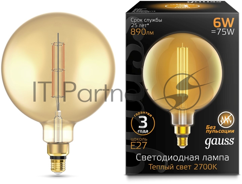 Лампа светодиодная Gauss Filament Vintage 6Вт цок.:E27 шар 220B 2700K св.свеч.бел.теп. (упак.:1шт) (154802118)