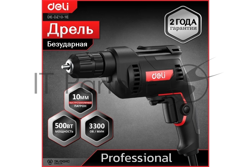 Дрель сетевая Deli DE-DZ10-1E (500Вт, 10мм, 3300об/мин, картон)