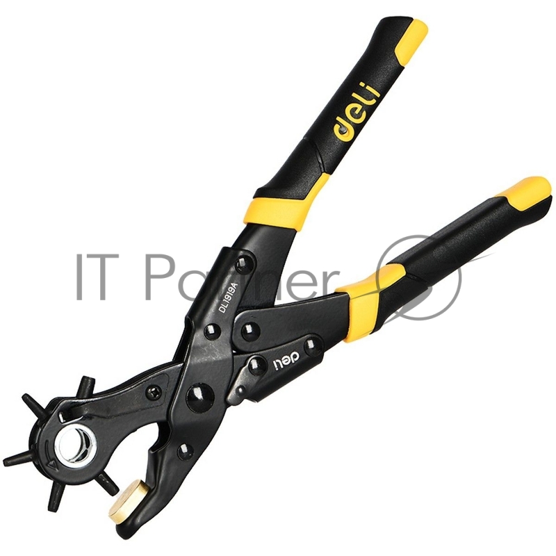 Револьверный дырокол для кожи 6-в-1 двухрычажный Deli DL1919A 225мм, диаметр пуансона: 2, 2,5, 3, 3,5, 4, 4,5мм, сталь Cr-V