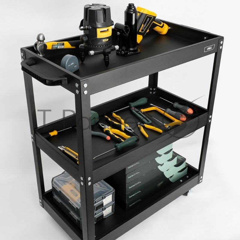 Тележка инструментальная трехсекционная на колесах Deli DL433023 700x350x760мм, до 210кг, толщина полки 0,7мм, толщина стойки 1,2мм