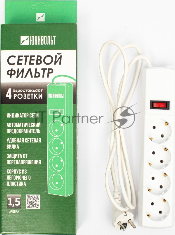 Сетевой фильтр Юнивольт 00-00000386 1.5м (4 розетки) белый (коробка)
