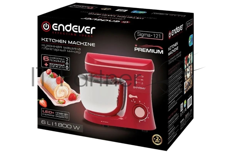 Миксер планетарный Endever Sigma-121, красный, мощность 1800 Вт, объем чаши 6 л, планетарная система смешивания, 2 шт/уп.