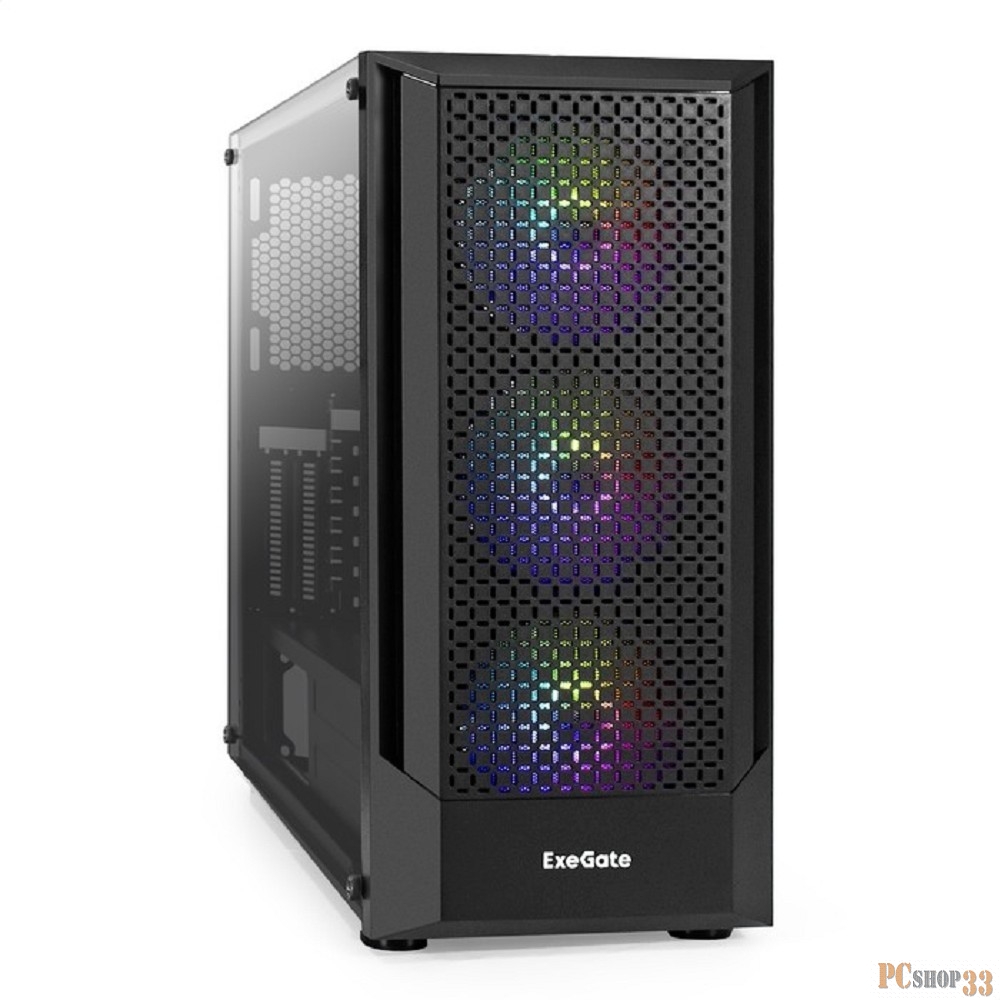 Корпус Miditower ExeGate EVO-8227 (ATX, без БП, 2*USB+1*USB3.0+HD Audio, черный, 3 вент. с RGB подсветкой, боковая панель - закаленное стекло)