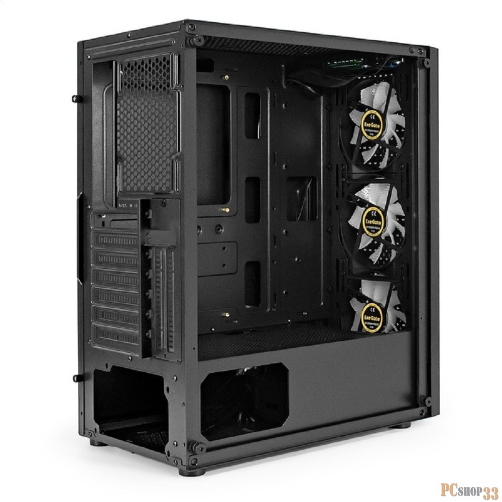 Корпус Miditower ExeGate EVO-8227 (ATX, без БП, 2*USB+1*USB3.0+HD Audio, черный, 3 вент. с RGB подсветкой, боковая панель - закаленное стекло)