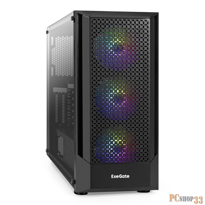 Корпус Miditower ExeGate EVO-8227-NPX700 (ATX, БП 700NPX с вент. 12см, 2*USB+1*USB3.0+HD Audio, черный, 3 вент. с RGB подсветкой, боковая панель - закаленное стекло)
