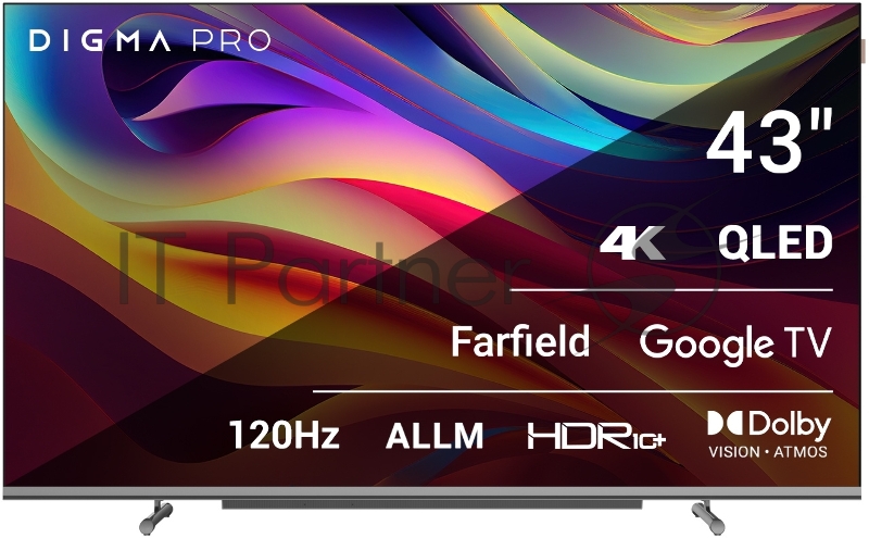 Телевизор QLED Digma Pro 43 QLED 43L Google TV Frameless черный/серебристый 4K Ultra HD 120Hz HSR DVB-T DVB-T2 DVB-C DVB-S DVB-S2 USB WiFi Smart TV