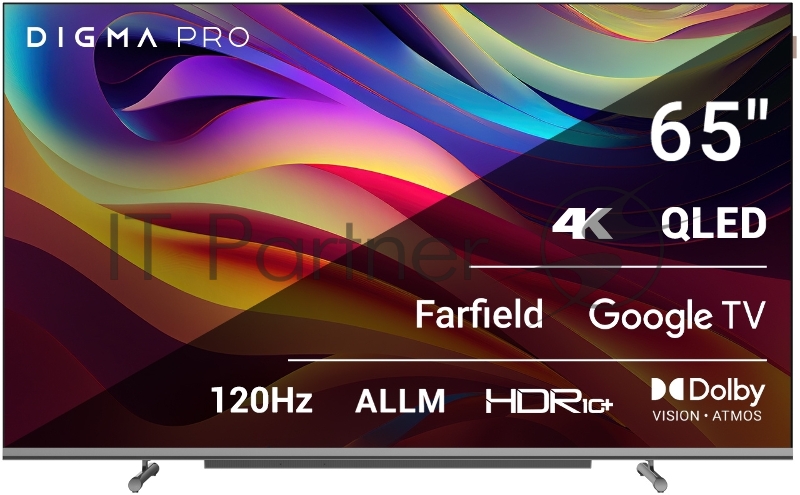Телевизор QLED Digma Pro 65 QLED 65L Google TV Frameless черный/серебристый 4K Ultra HD 120Hz HSR DVB-T DVB-T2 DVB-C DVB-S DVB-S2 USB 2.0 WiFi Smart TV