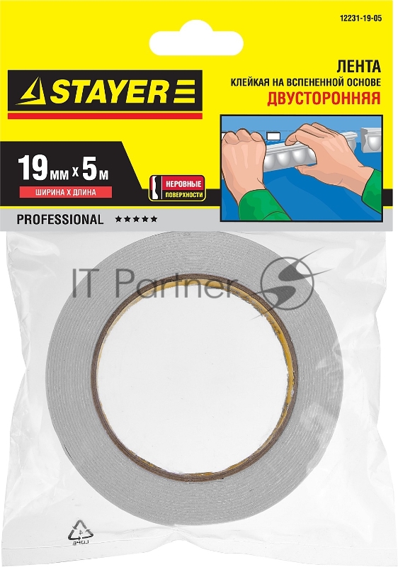 Лента STAYER PROFI клейкая двусторонняя, на вспененной основе, белая, 19мм х 5м 12231-19-05