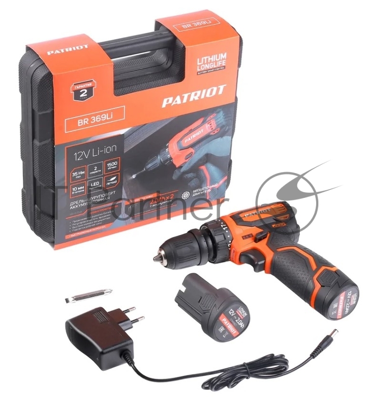 Дрель-шуруповерт аккумуляторная PATRIOT BR 369Li, две АКБ Li-Ion, 12В, 2,0 Ач, 35Нм, Съемный патрон, 1/4 HEX, 2 скорости, кейс, БЕСЩЕТОЧНЫЙ ЭД