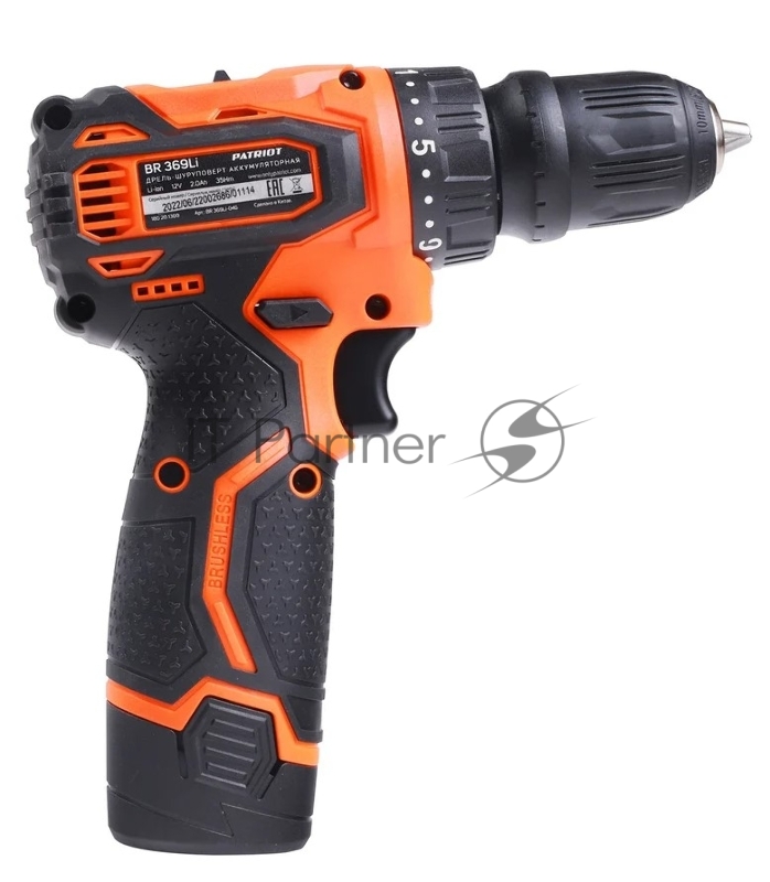 Дрель-шуруповерт аккумуляторная PATRIOT BR 369Li, две АКБ Li-Ion, 12В, 2,0 Ач, 35Нм, Съемный патрон, 1/4 HEX, 2 скорости, кейс, БЕСЩЕТОЧНЫЙ ЭД