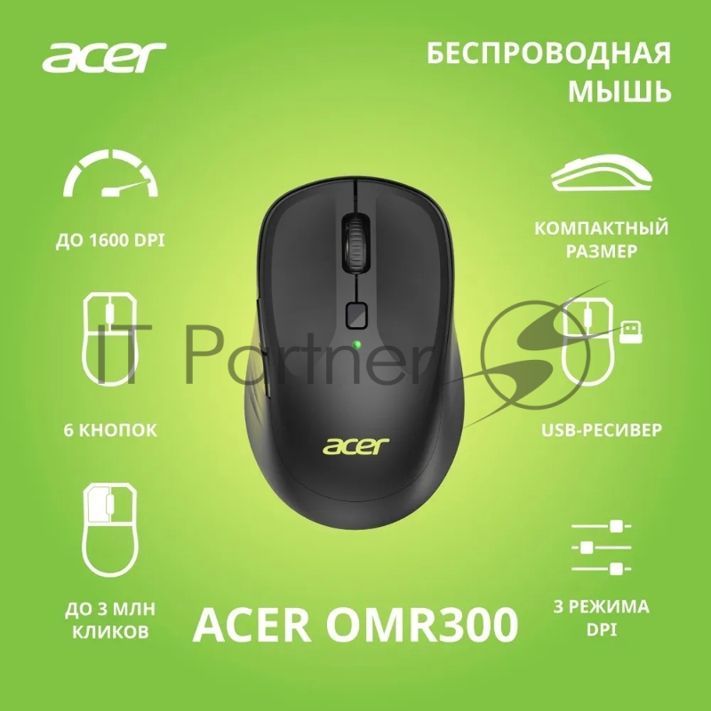 Мышь Acer OMR300 черный оптическая (1600dpi) беспроводная USB