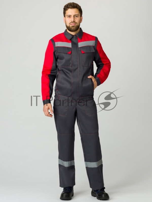 Костюм Сфера NEW (ткань Смесовая,210) полукомбинезон, темно-серый/красный, 52-54/ 170-176