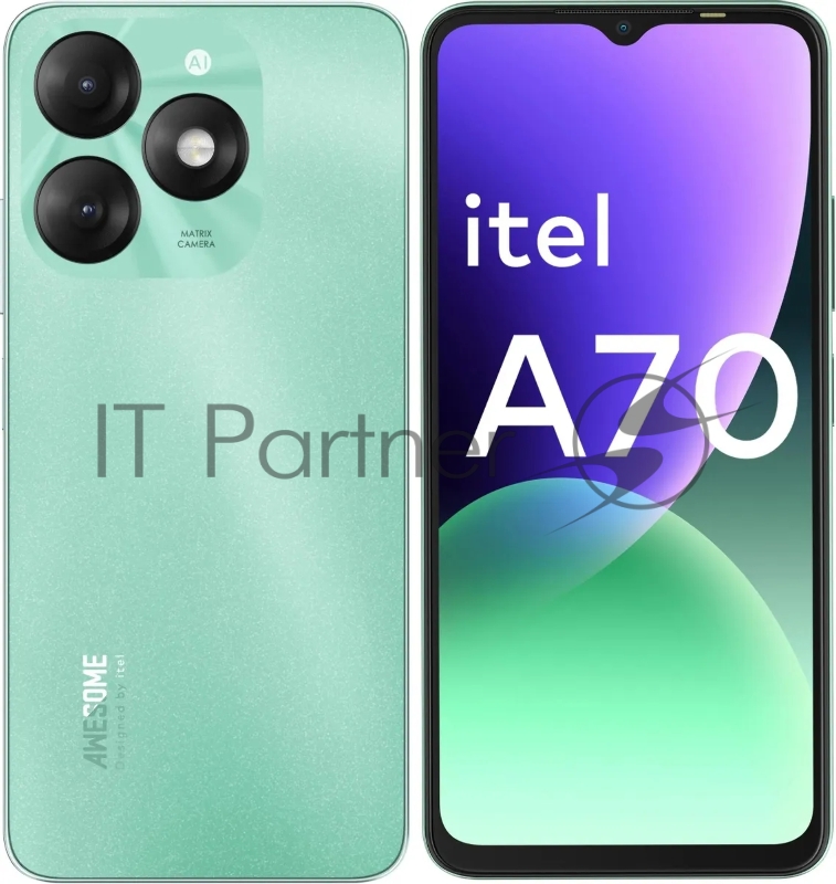 Смартфон Itel A665L A70 256Gb 4Gb зеленый моноблок 3G 4G 2Sim 6.6 720x1612 Android 13 13Mpix 802.11 b/g/n GPS GSM900/1800 GSM1900 TouchSc FM microSDXC max2048Gb