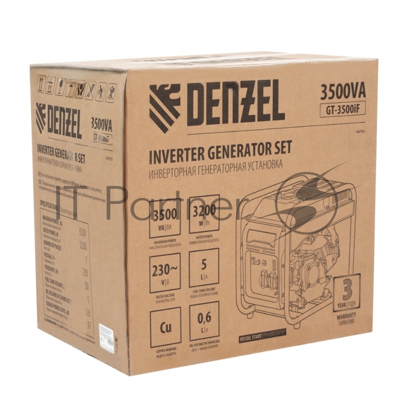 Denzel Генератор инверторный GT-3500iF, 3,5 кВт, 230 В, бак 5 л, открытый корпус 94705