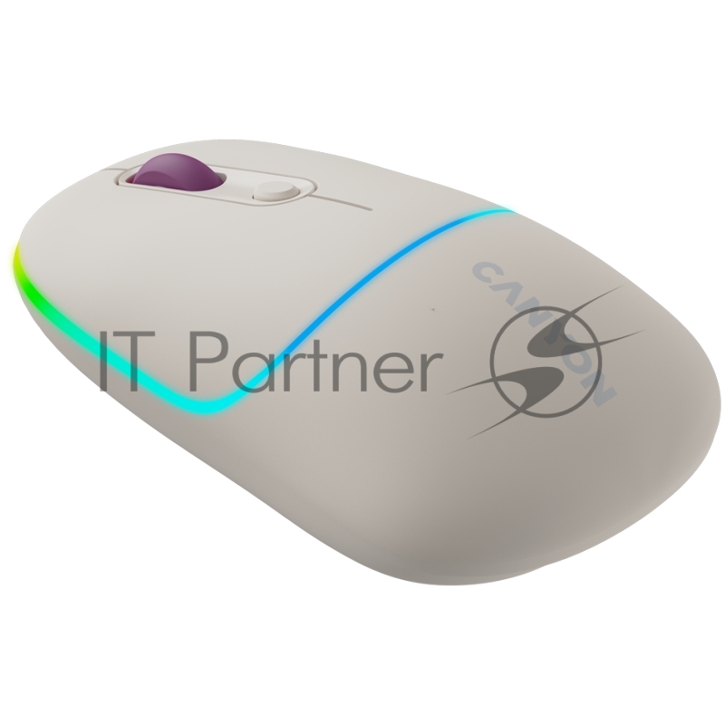 Мышь CANYON MW-22, 2 in 1 Wireless optical mouse with 4 buttons,Silent switch for right/left keys,DPI 800/1200/1600, 2 mode(BT/ 2.4GHz), 650mAh Li-poly battery,RGB backlight,Rice, cable length 0.8m, 110*62*34.2mm, 0.085kg