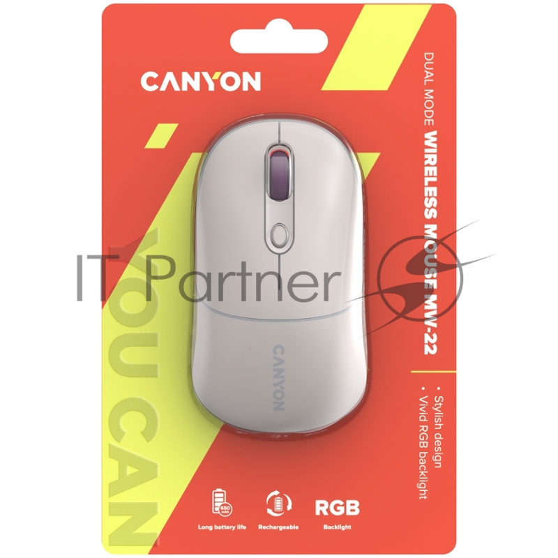 Мышь CANYON MW-22, 2 in 1 Wireless optical mouse with 4 buttons,Silent switch for right/left keys,DPI 800/1200/1600, 2 mode(BT/ 2.4GHz), 650mAh Li-poly battery,RGB backlight,Rice, cable length 0.8m, 110*62*34.2mm, 0.085kg