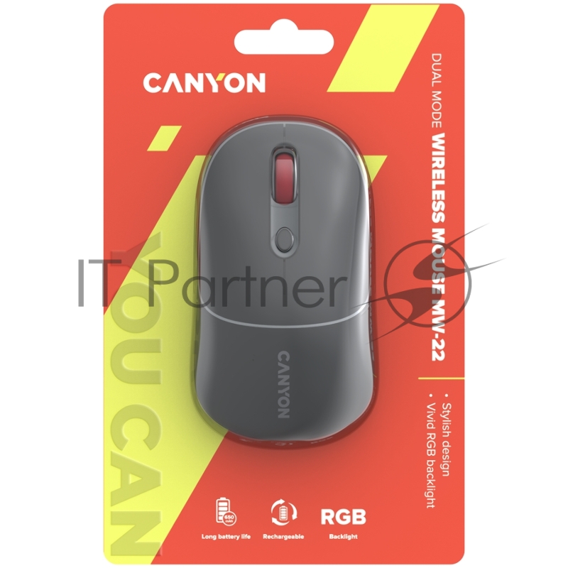 Мышь CANYON MW-22, 2 in 1 Wireless optical mouse with 4 buttons,Silent switch for right/left keys,DPI 800/1200/1600, 2 mode(BT/ 2.4GHz), 650mAh Li-poly battery,RGB backlight,Dark grey, cable length 0.8m, 110*62*34.2mm, 0.085kg