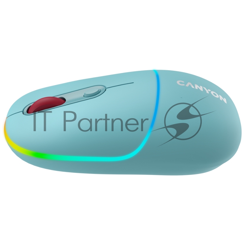Мышь CANYON MW-22, 2 in 1 Wireless optical mouse with 4 buttons,Silent switch for right/left keys,DPI 800/1200/1600, 2 mode(BT/ 2.4GHz), 650mAh Li-poly battery,RGB backlight,Dark cyan, cable length 0.8m, 110*62*34.2mm, 0.085kg