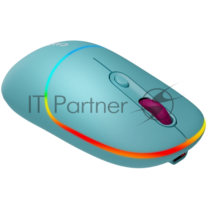 Мышь CANYON MW-22, 2 in 1 Wireless optical mouse with 4 buttons,Silent switch for right/left keys,DPI 800/1200/1600, 2 mode(BT/ 2.4GHz), 650mAh Li-poly battery,RGB backlight,Dark cyan, cable length 0.8m, 110*62*34.2mm, 0.085kg