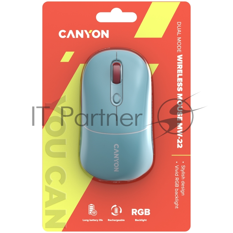 Мышь CANYON MW-22, 2 in 1 Wireless optical mouse with 4 buttons,Silent switch for right/left keys,DPI 800/1200/1600, 2 mode(BT/ 2.4GHz), 650mAh Li-poly battery,RGB backlight,Dark cyan, cable length 0.8m, 110*62*34.2mm, 0.085kg