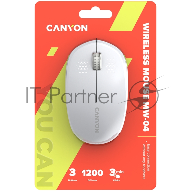Мышь CANYON MW-04, Bluetooth Wireless optical mouse with 3 buttons, DPI 1200 , with1pc AA canyon turbo Alkaline battery,White, 103*61*38.5mm, 0.047kg