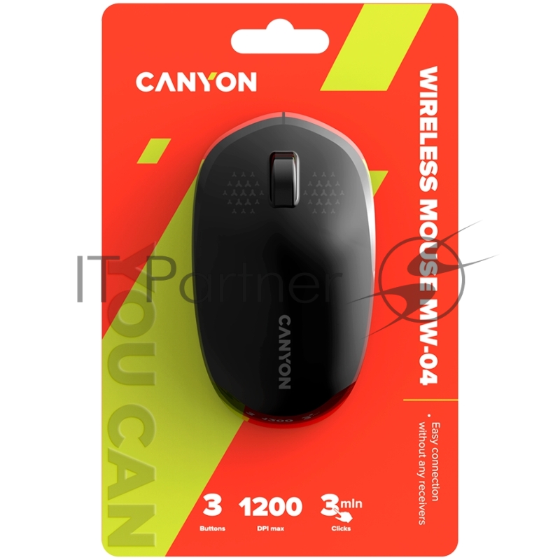 Мышь CANYON MW-04, Bluetooth Wireless optical mouse with 3 buttons, DPI 1200 , with1pc AA canyon turbo Alkaline battery,Black, 103*61*38.5mm, 0.047kg