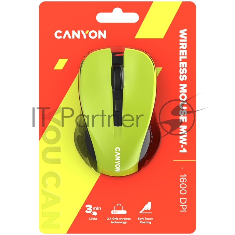 Мышь CANYON MW-1, Yellow 2.4GHz wireless optical mouse with 3 buttons, 800/1200/1600 DPI adjustable