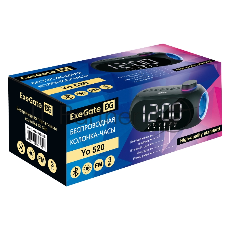 BT-колонка-часы ExeGate Yo 520 (электронные беспроводные с LED индикацией, 3Вт, 80-20000Гц, Bluetooth, Li-Ion, 1200mAh, FM 87.5MHz-108MHz, поддержка TF/microSD-card, 3,5mm audio jack, зарядка USB Type-C, регулятор громкости на верхней панели, Color B