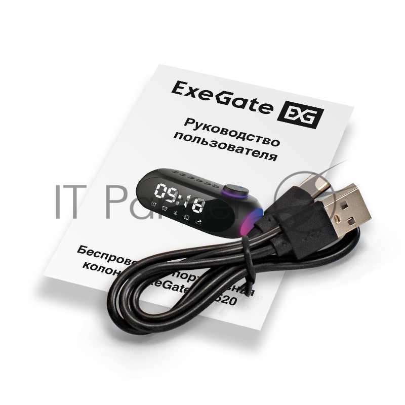 BT-колонка-часы ExeGate Yo 520 (электронные беспроводные с LED индикацией, 3Вт, 80-20000Гц, Bluetooth, Li-Ion, 1200mAh, FM 87.5MHz-108MHz, поддержка TF/microSD-card, 3,5mm audio jack, зарядка USB Type-C, регулятор громкости на верхней панели, Color B