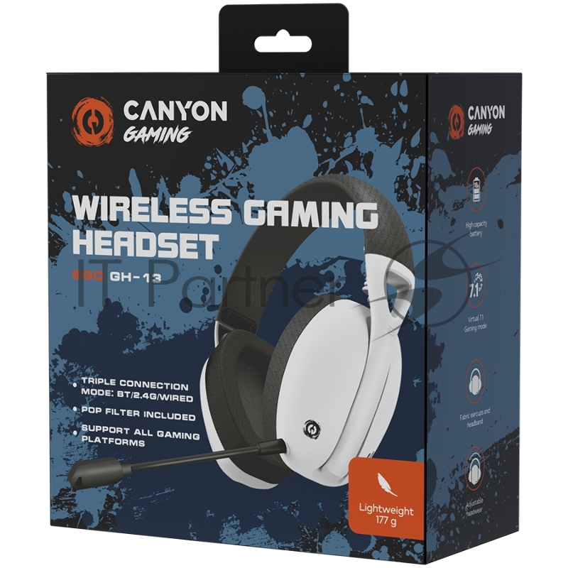 Гарнитура CANYON Ego GH-13, Gaming BT headset, +virtual 7.1 support in 2.4G mode, with chipset BK3288X, BT version 5.2, cable 1.8M, size: 198x184x79mm, White