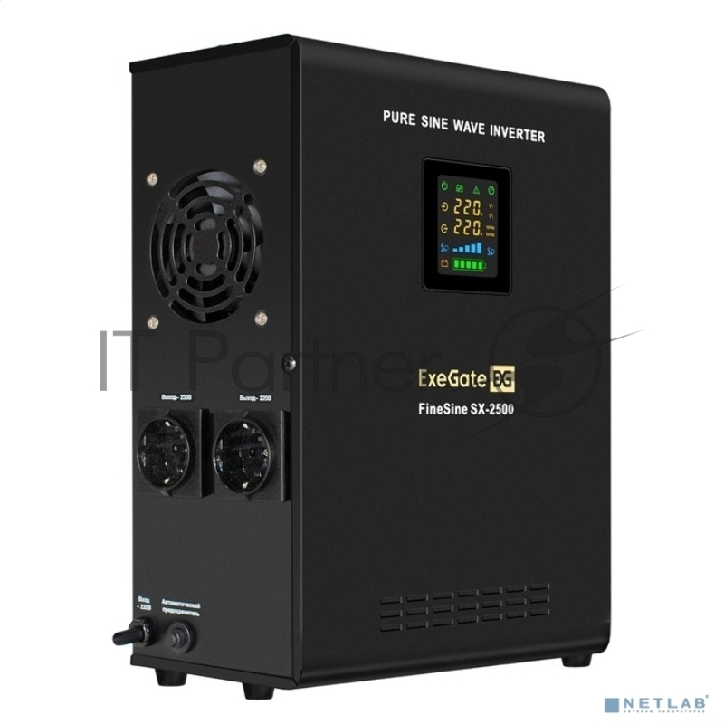 ИБП (инвертор, синус, для котла, настенный) ExeGate FineSine SX-2500.LCD.AVR.2SH <2500VA/1800W, чистая синусоида, цветной LCD-дисплей, AVR, 2*Schuko, линейно-интерактивный, внешняя батарея 24В до 200Ач (поставляется отдельно), крепление настенное/уни