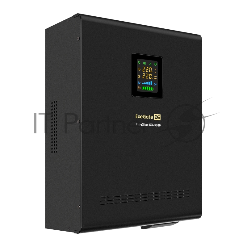 ИБП (инвертор, синус, для котла, настенный) ExeGate FineSine SX-3000.LCD.AVR.2SH.T <3000VA/2100W, чистая синусоида, цветной LCD-дисплей, AVR, 2*Schuko+клеммы, линейно-интерактивный, внешняя батарея 48В до 200Ач (поставляется отдельно), крепление наст
