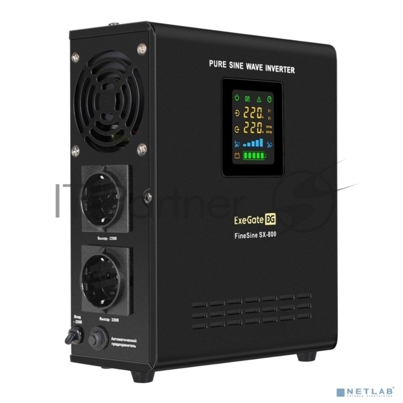 ИБП (инвертор, синус, для котла, настенный) ExeGate FineSine SX-800.LCD.AVR.2SH <800VA/500W, чистая синусоида, цветной LCD-дисплей, AVR, 2*Schuko, линейно-интерактивный, внешняя батарея 12В до 200Ач (поставляется отдельно), крепление настенное/универ