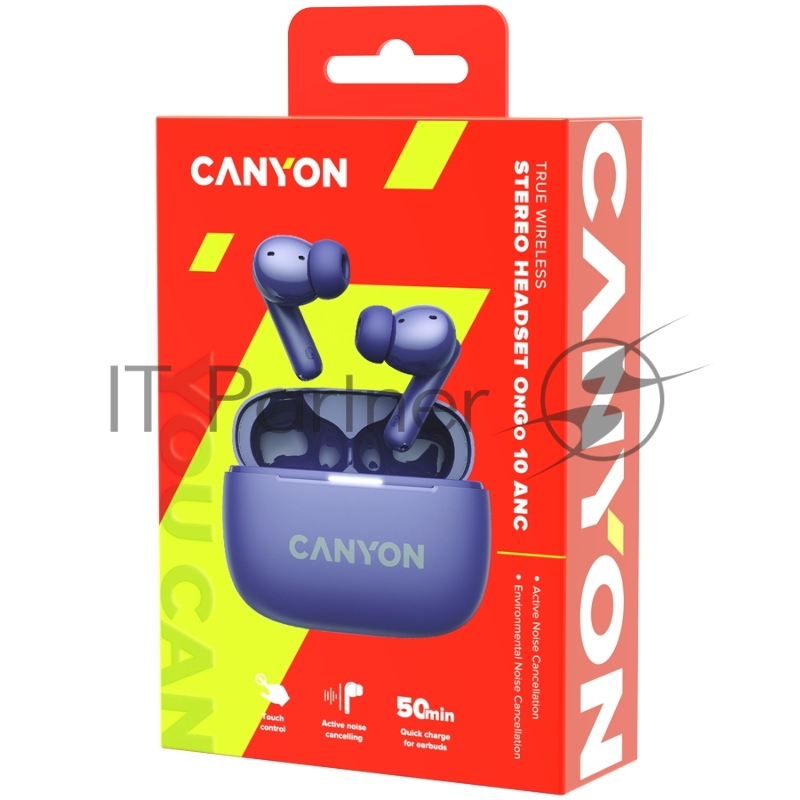 Гарнитура CANYON OnGo TWS-10 ANC+ENC, Bluetooth Headset, microphone, BT v5.3 BT8922F, Frequence Response:20Hz-20kHz, battery Earbud 40mAh*2+Charging case 500mAH, type-C cable length 24cm,size 63.97*47.47*26.5mm 42.5g, Purple