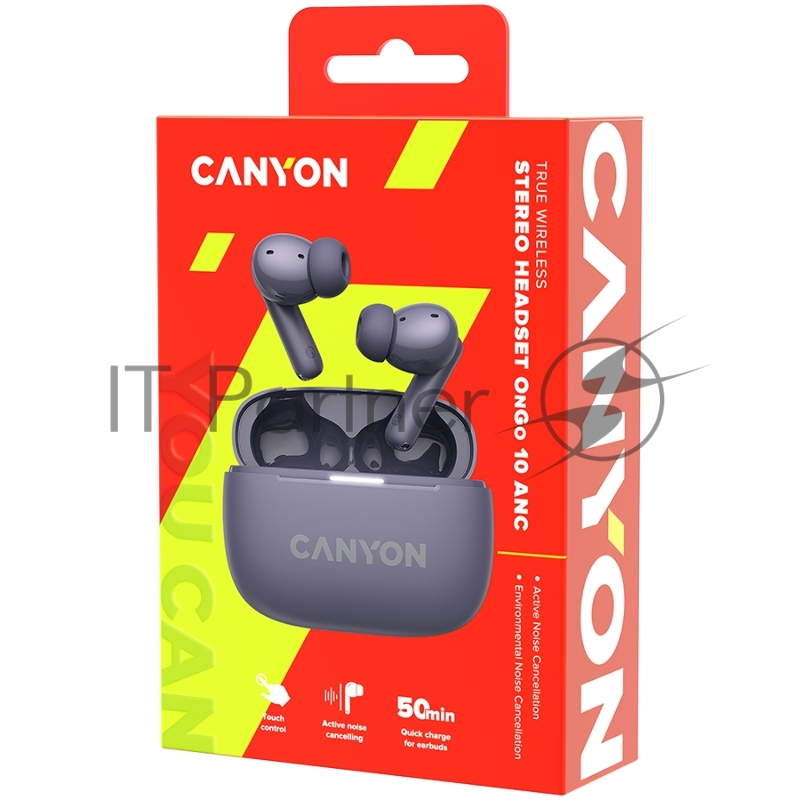 Гарнитура CANYON OnGo TWS-10 ANC+ENC, Bluetooth Headset, microphone, BT v5.3 BT8922F, Frequence Response:20Hz-20kHz, battery Earbud 40mAh*2+Charging case 500mAH, type-C cable length 24cm,size 63.97*47.47*26.5mm 42.5g, Purple