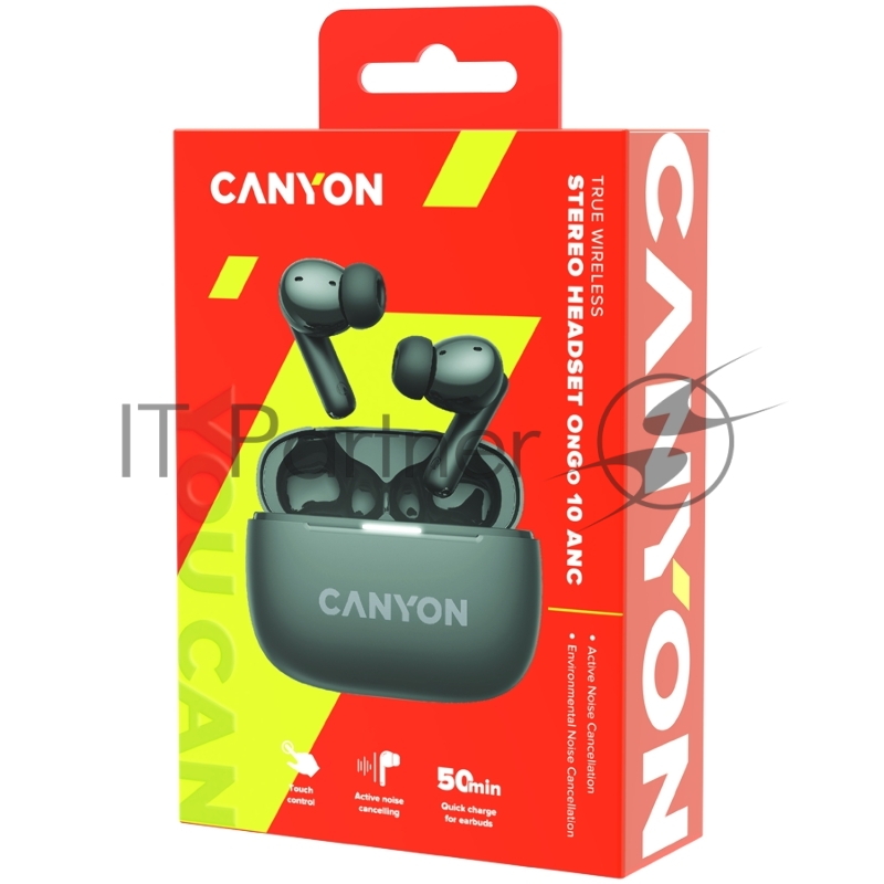 Гарнитура CANYON OnGo TWS-10 ANC+ENC, Bluetooth Headset, microphone, BT v5.3 BT8922F, Frequence Response:20Hz-20kHz, battery Earbud 40mAh*2+Charging case 500mAH, type-C cable length 24cm,size 63.97*47.47*26.5mm 42.5g, Black