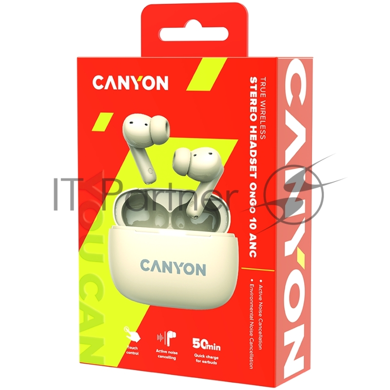 Гарнитура CANYON OnGo TWS-10 ANC+ENC, Bluetooth Headset, microphone, BT v5.3 BT8922F, Frequence Response:20Hz-20kHz, battery Earbud 40mAh*2+Charging case 500mAH, type-C cable length 24cm,size 63.97*47.47*26.5mm 42.5g, Beige