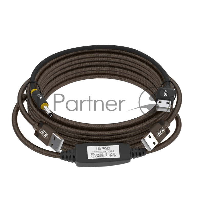 Кабель GCR активный 15.0m USB 2.0, AM/AM, черно-прозрачный, с усилителем сигнала, разъём для доп.питания, 24/22 AWG