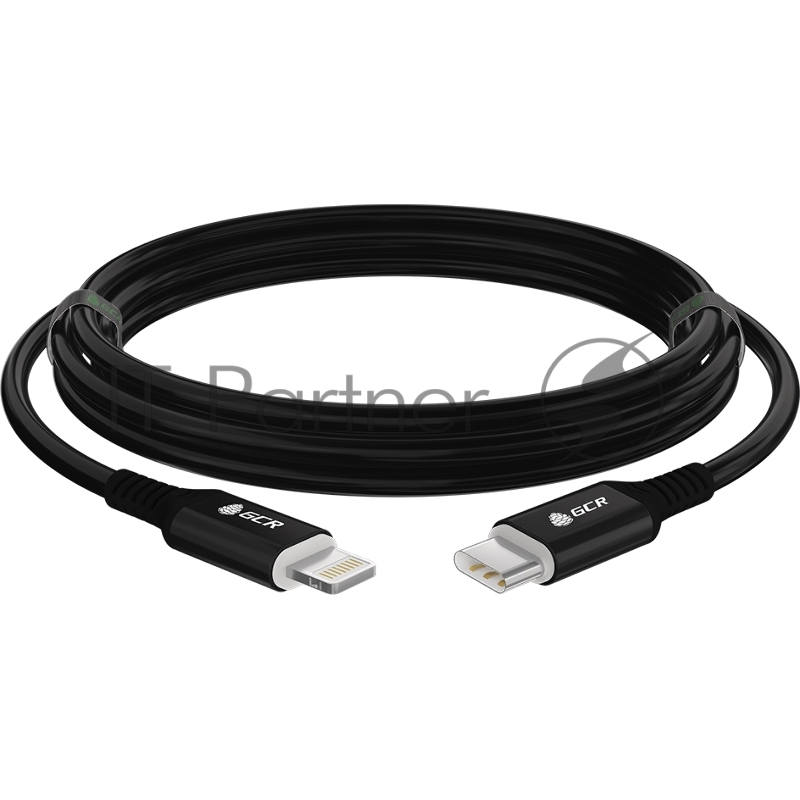 Кабель GCR PREMIUM 3.0m TypeC/Lightning MFI POWER DELIVERY 18 W, быстрая зарядка, черный силикон, AL case черный, черный ПВХ, GCR-53747