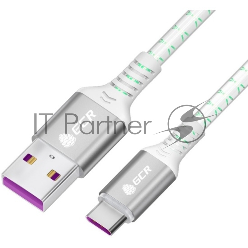 Кабель GCR 1.0m, TypeC, быстрая зарядка 18W, поддержка QC, PD, бело-зеленый, AL case серебро, 28/24 AWG, GCR-55288