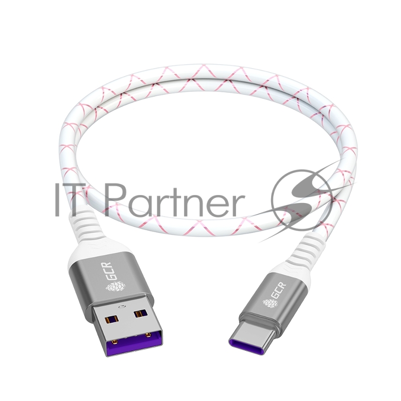 Кабель GCR 1.0m, TypeC, быстрая зарядка 18W, поддержка QC, PD, бело-розовый, AL case серебро, 28/24 AWG, GCR-55301