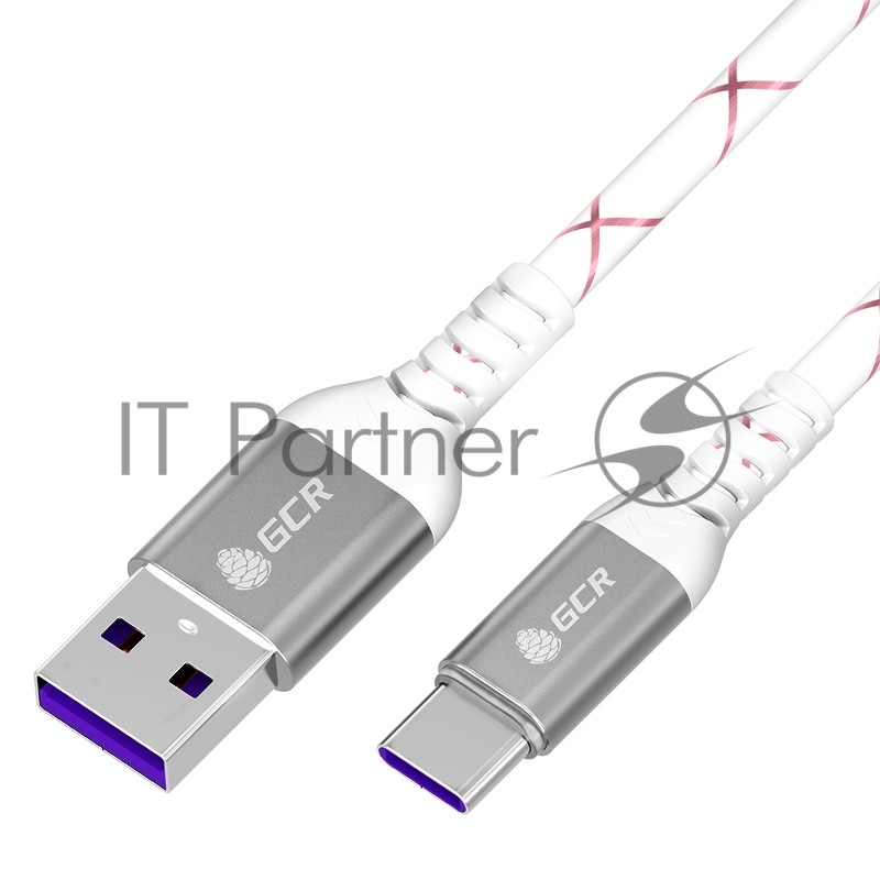 Кабель GCR 1.0m, TypeC, быстрая зарядка 18W, поддержка QC, PD, бело-розовый, AL case серебро, 28/24 AWG, GCR-55301
