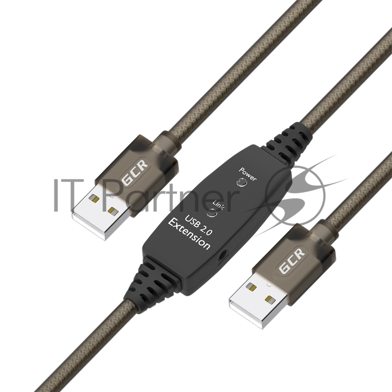 Кабель активный GCR 5.0m USB 2.0, AM/AM, черно-прозрачный, с усилителем сигнала, разъём для доп.питания, 28/24 AWG, GCR-53787