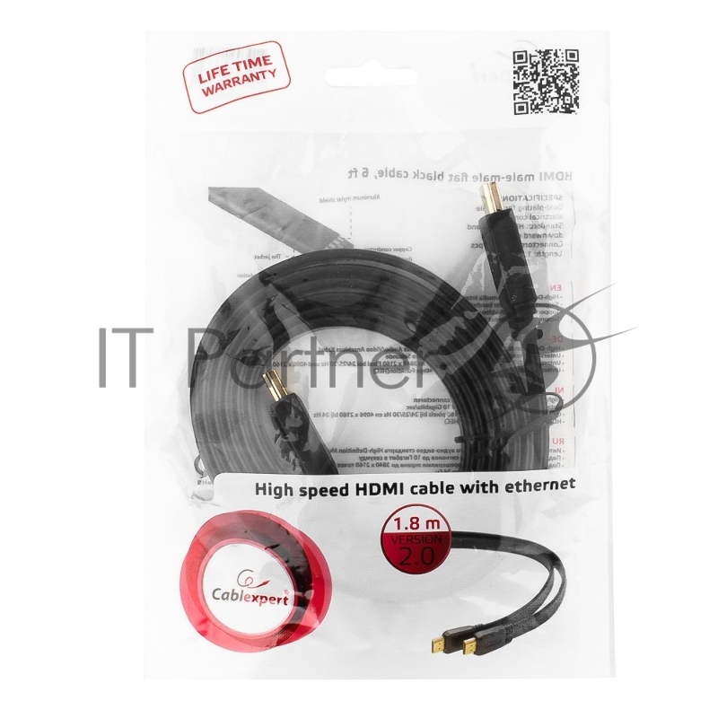 Кабель HDMI Cablexpert CC-HDMI4F-6, 19M/19M, v2.0, медь, позол.разъемы, экран, плоский кабель, 1.8м, черный, пакет