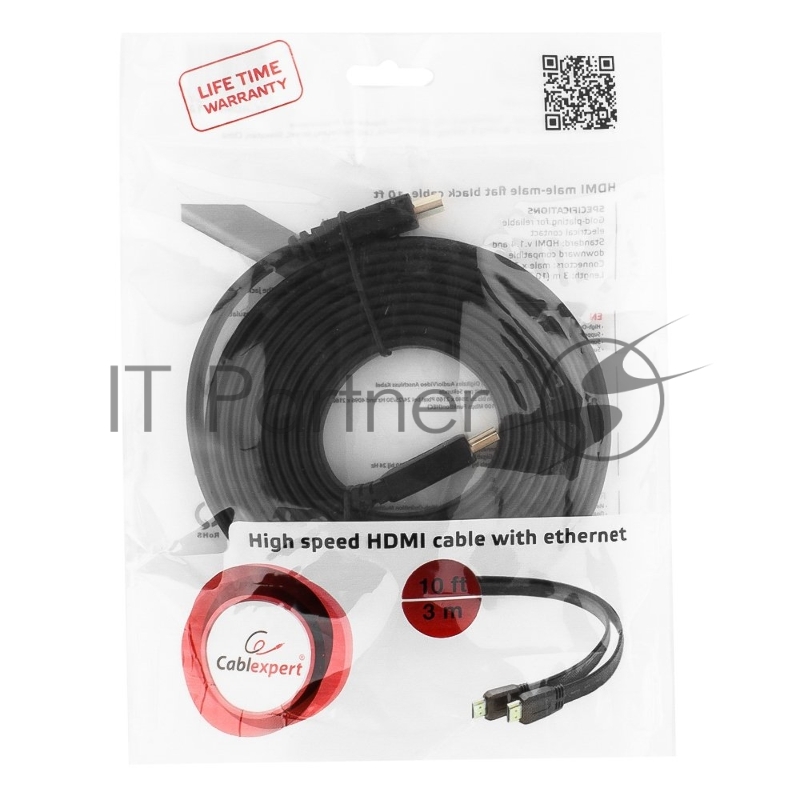 Кабель HDMI Cablexpert CC-HDMI4F-10, 19M/19M, v2.0, медь, позол.разъемы, экран, плоский кабель, 3м, черный, пакет