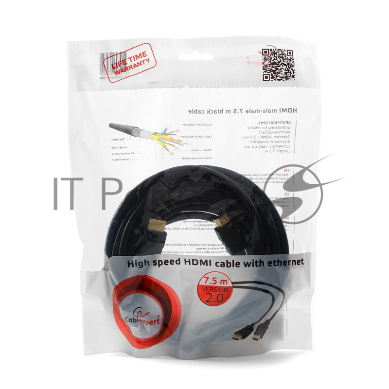 Кабель HDMI Cablexpert CC-HDMI4-7.5M, 19M/19M, v2.0, медь, позол.разъемы, экран, 7.5м, черный, пакет