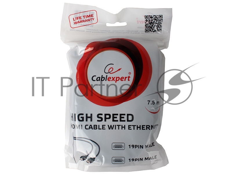 Кабель HDMI Cablexpert CC-HDMI4-7.5M, 19M/19M, v2.0, медь, позол.разъемы, экран, 7.5м, черный, пакет