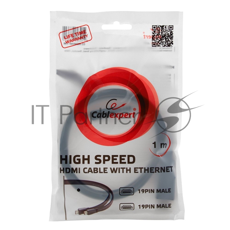 Кабель HDMI Cablexpert CC-HDMI490-15, 19M/19M, v2.0, медь, позол.разъемы, экран, плоский кабель, 1м, черный, пакет