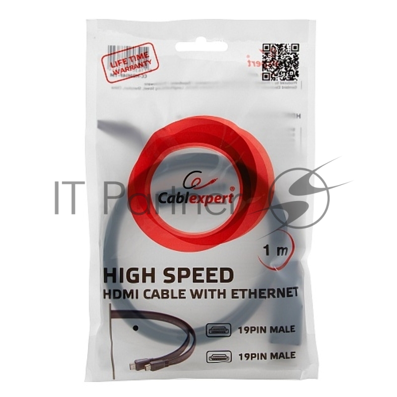 Кабель HDMI Cablexpert CC-HDMI490-15, 19M/19M, v2.0, медь, позол.разъемы, экран, плоский кабель, 1м, черный, пакет