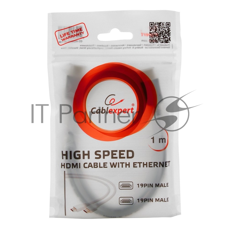 Кабель HDMI Cablexpert CC-HDMI4-W-1M, 19M/19M, v2.0, медь, позол.разъемы, экран, 1м, белый, пакет